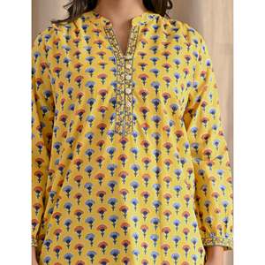 Multi Yellow Butti Cotton <b>Top</b> with Front Buttons Breathable Feature - Product Image 2