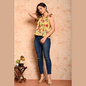 Yellow Bird Embroidered Tank <b>Top</b> Women's Bohemian Floral Printed Chiffon and <b>Linen</b> Autumn Striped Shirred <b>Top</b> XS-XL Loose Fit - Product Image 3