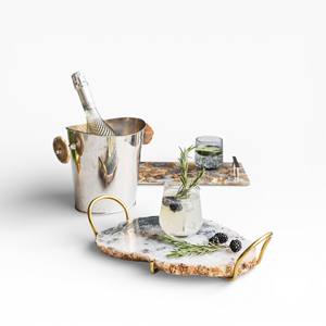 Rectangular <b>Purple</b> Natural Amethyst Stone Serving Tray with Raised Gold Base and Minimal Bar Handles - Product Image 5