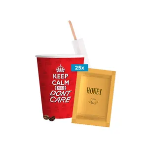 KIT Keep Calm Vasos de papel desechables compostables + Agitadores + Honey 25PCs bolsa logotipo personalizable