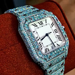Lunette personnalisée Diamant bleu Classique Luxe Mode Unisexe Moissanite Montre Glacé Bracelet en acier inoxydable Bracelet Verre saphir - Product Image 2