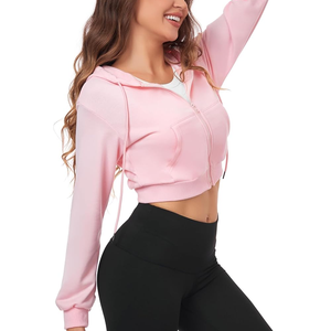 Tendencia de alta calidad Zipp up Crop Top coreano 100% algodón Mujer recortada Sudadera con capucha - Product Image 4