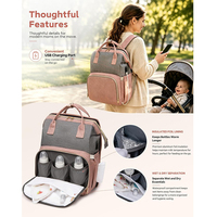 Sac à dos à langer rose avec station de change, grand sac de voyage 25L avec port USB, poches isothermes et sangles pour poussette