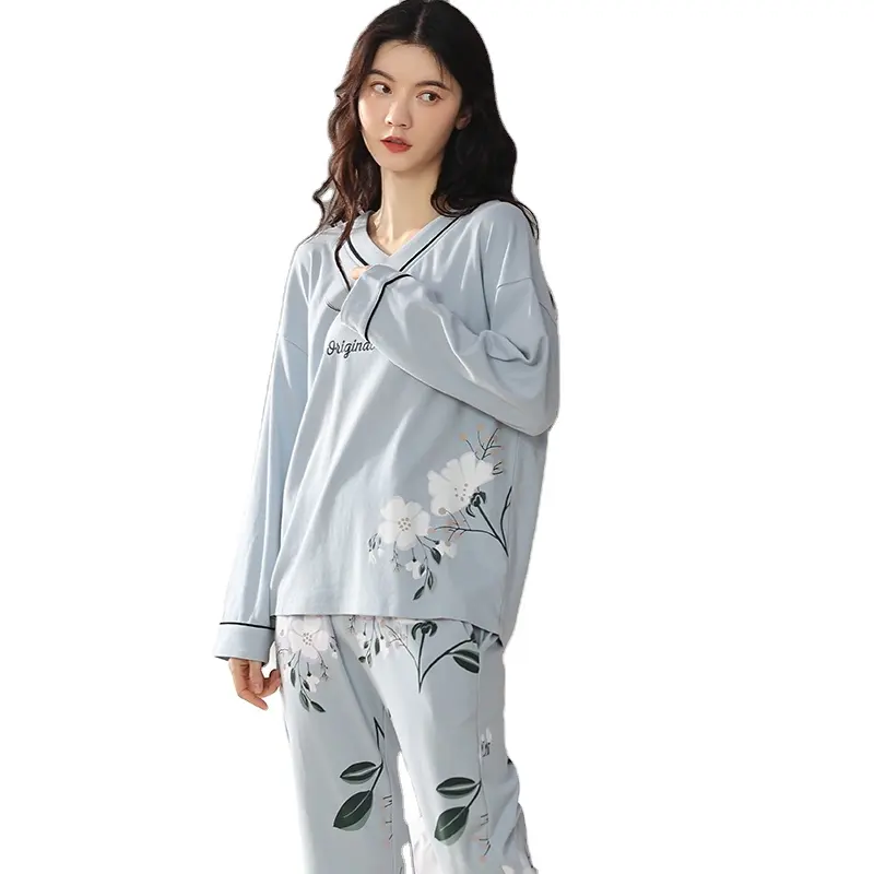 beautiful flower printed night pajamas full sleeves O-neck 100%cotton women pajama sleepwear nightwear full length pajama