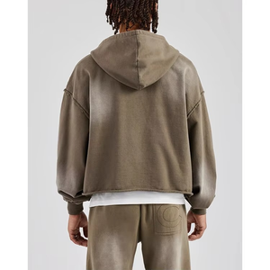 Kaki Double fermeture éclair bord brut à capuche homme survêtements ensemble surdimensionné Boxy lavé Applique Zip haute qualité respirant imprimé Design - Product Image 3