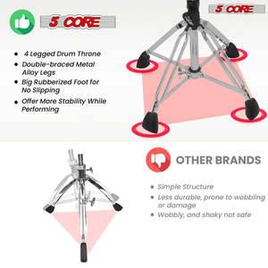 5 Core Drum Throne 5 <b>Padded</b> Split Spine Support 4 Legged 350Lb Capacity Black Swivel 360 Degree Rotation Drummer <b>Stool</b> - Product Image 5