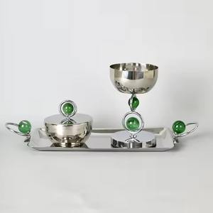 Bol en argent fabriqué à la main avec décoration de perles vertes Design unique Parfait pour la table à manger ou l'affichage du salon de l'Inde - Product Image 6