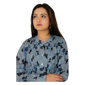 Chemisier d'été décontracté en coton imprimé pour femme, à manches longues, boutonné, tissé, fait main, style bohème hippie, avec plis froncés - Product Image 4