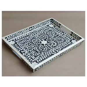 Classic Table Food Serving Tray Made of Handmade Bone Inlay Decorative Random Leaf by Crescent Crafts - Product Image 3