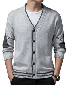 Pull cardigan en tricot à col en V gris clair et gris foncé avec motif et boutons, en coton, chaud et doux pour l'hiver, tissu extensible - Product Image 1
