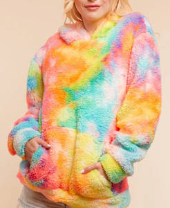 Venta al por mayor de moda personalizada Arco Iris Tie Dye Sudadera con capucha de algodón de invierno sudadera de alta calidad de lana de cordero sudaderas con capucha para mujer - Product Image 5