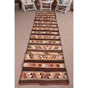 2.9x10.8 ft Rug, Turkish Kilim Rug, Vintage <b>Brown</b> <b>Wool</b> Paisley Rug - Product Image 1