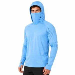 Men's <b>Light</b> <b>Blue</b> UPF 50 Hooded <b>Long</b> <b>Sleeve</b> Anti-UV Sun Protection Pullover Shirt Solid Color Polyester Fishing Wear - Product Image 5