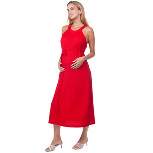 Abito premaman rosso vivace e confortevole con fiocco in vita per abbigliamento Casual durante la gravidanza
