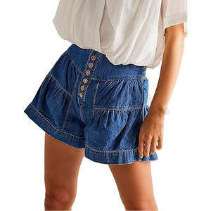 Short en jean mignon à ourlet à volants pour femmes Short en jean taille haute jambe large bouton plissé Mode d'été évasée fluide - Product Image 1