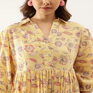 High Quality <b>Yellow</b> Vintage Floral Print 100% Cotton Midi <b>Dress</b> Mandarin Collar ODM Quick Dry Casual Summer Beach Wear - Product Image 6
