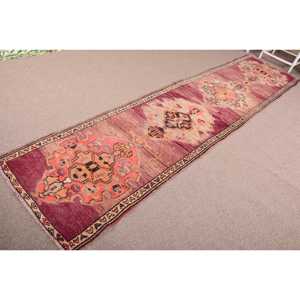 Turkish Vintage Herki Rug 2.8x11.9 ft (84x363 cm), <b>Red</b> Patchwork <b>Wool</b> Rug - Product Image 2