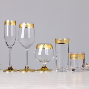 <strong>Vintage</strong> Crystal Etched Gold Rimmed Pattern <strong>champagne</strong> Flutes Cognac Cooler Cocktail Wine <strong>Glasses</strong> with Thick Gold Band Bottom - Product Image 1