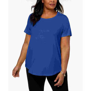 Haut décontracté en maille à manches courtes pour femme JM Collection, tailles 2X-4XL, respirant, bleu uni, avec logo brodé, chemise de bureau - Product Image 1