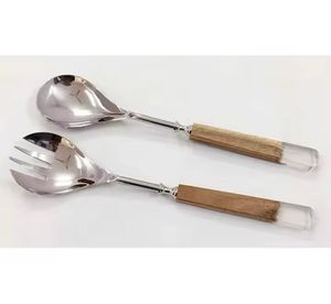 Ensemble de couverts faits à la main en bois d'acacia avec manche en résine personnalisé hôtel restaurant maison service à salade ustensile fourchette cuillère serveur outils à salade - Product Image 6