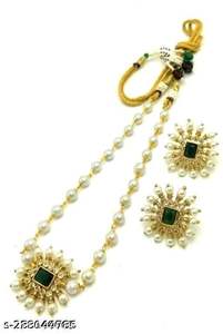 Conjunto de collar con colgante largo chapado en oro al por mayor indio para mujer, joyería de latón etéreo con perla de circón para bodas y fiestas - Product Image 2