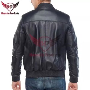 <b>Mens</b> Real Navy <b>Leather</b> Bomber <b>Jacket</b> Orange Piping Pockets Ribbed Collar Zip Front Sheepskin Coat Custom Varsity Winter Outer - Product Image 3