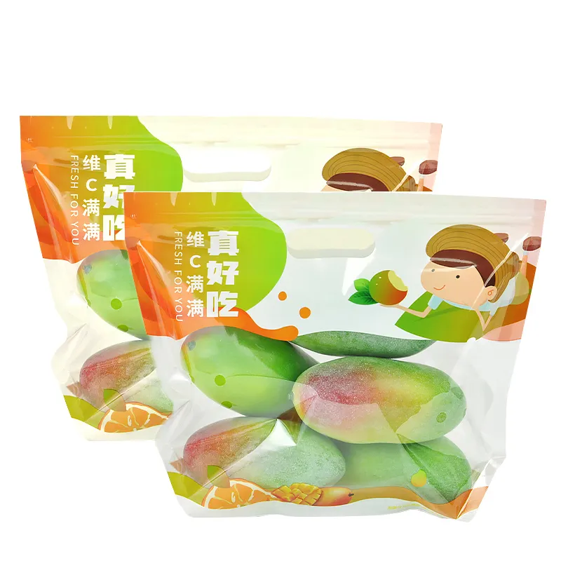 Özelleştirilmiş biyobozunur baskılı şeffaf plastik ambalaj saplı çanta kilitli taze kavun meyve sebze ambalaj çantası