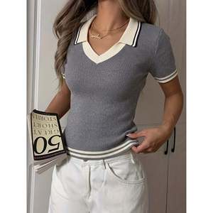 Women's Gray Colorblock Short Sleeve Preppy Style 100% <b>Acrylic</b> for Shirt - Product Image 2
