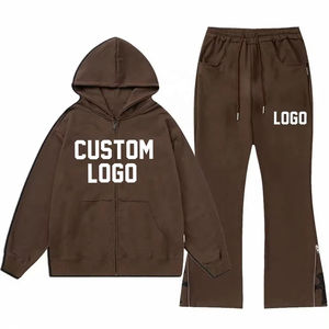 Custom Flare Puff Print Stack Jogger Sets Chándal Raw Hem Set Web Flared Pantalones de chándal y Sudadera con capucha Set Hombres - Product Image 3