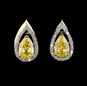 14K Gold Designer Lab Grown Diamond <b>Earrings</b> with Pear-Cut and Pave <b>Halo</b> - Product Image 1