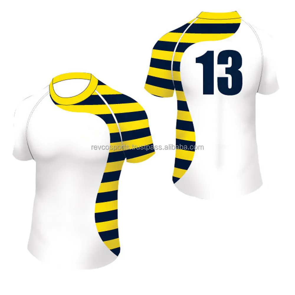 Baru desain datang putih dengan strip kuning hitam Jersey Rugby ramping cocok untuk tim yogers jersey rugby kualitas tinggi