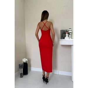 Vestido Tubo Rojo Satinado sin Espalda al por Mayor con Cintura Natural y Tejido Transpirable - Product Image 1