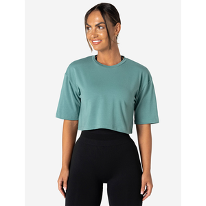 Top corto verde azulado de la mejor calidad para mujer, camiseta informal de manga corta para Yoga, gimnasio, Fitness, hombros caídos, suave, elástico, elegante, de verano - Product Image 4