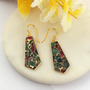 Pendientes de Moda para Mujer, Estilo Mohave, Mezcla de Colores, Cobre, Turquesa, Jade, Gancho, Baño de Oro de 18k, Engaste de Bisel, Pendientes Colgantes - Product Image 4