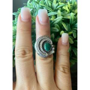 Vintage Navajo Malachite Sterling Silver Feather <b>Ring</b> Size 5.25-<b>Boho</b> Statement Gemstone Jewelry - Product Image 2