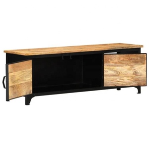 Panel Industrial moderno de madera maciza, parte superior de madera de Mango, soporte de TV de vidrio de hierro y Metal, Unidad de medios, almacenamiento de dos puertas, estante abierto para dormitorio - Product Image 3