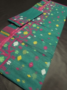 Exclusivo GREEN Deshi Dhakai Jamdani Calidad de exportación Sharee para mujeres JAMDANI FABRIC Blue Golden Sky Blue de Bangladesh - Product Image 3