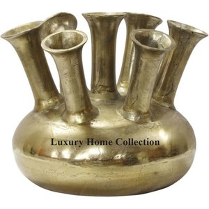 แจกันโลหะทรงใหญ่สำหรับโชว์ดอกไม้ทรงแตรพร้อมที่วาง7อันสำหรับกระถางกลางดอกไม้สีทองใช้งานได้หลากหลาย - Product Image 1