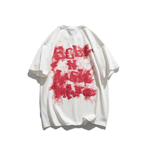 T-shirt blanc surdimensionné pour homme, imprimé lettres rouges au dos, col rond, manches courtes, style streetwear, 100 % coton jersey tricoté, coupe classique - Product Image 1