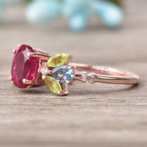 Anillo de Rubí, peridoto y aguamarina Anillo de piedras preciosas múltiples Anillo de Plata de Ley 925 de rubí cultivado en laboratorio de forma ovalada Hecho a mano en la India - Product Image 5