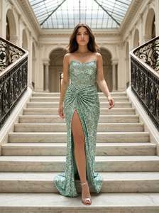 Vestido de Noche Moderno y Elegante para Mujer, sin Tirantes, Bordado, Corte Recto, para Fiesta, en Borgoña, Verde, Plateado, Turquesa y Rosa - Product Image 4