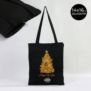 กระเป๋าผ้าฝ้ายปีใหม่แบบมีซิป สีดำล้วน 14 x 16 นิ้ว (35 x 40 ซม.) กระเป๋าของขวัญพิมพ์ลายตามสั่ง - Product Image 6