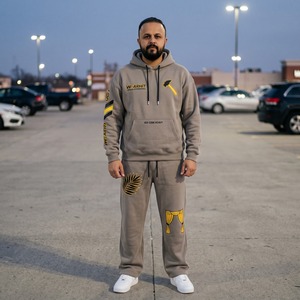 Survêtement unisexe épais avec sweat à capuche et pantalon de jogging à jambes larges, 420 GSM, gris pierre, personnalisable avec logo, pour impression vinyle à chaud - Product Image 3