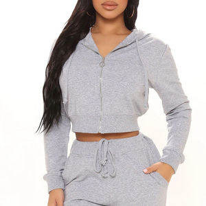 Venta al por mayor Drop Shoulder Cropped Hoodie para las mujeres Logotipo personalizado Fabricante de gran tamaño Full Zip Up Pullover Cropped Hoodies Mujeres - Product Image 4