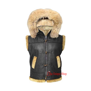 Nouveaux hommes en peau de mouton véritable cuir noir gilet amovible fourrure de renard capuche gilet hiver gilet-unisexe - Product Image 2