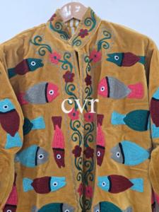 Abrigo de terciopelo vintage bordado con cuello mandarín, manga larga, diseño de peces, hecho a mano, para mujer adulta, ropa exterior informal de invierno - Product Image 5