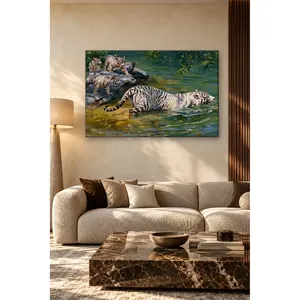 Impresión en lienzo de Fida Donald Grant: Tigres blancos entrando al agua - Product Image 1