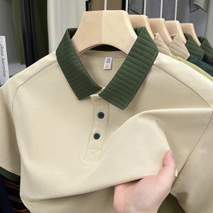 POLO de punto a rayas con etiqueta personalizada para hombre al por mayor, camisa básica informal holgada transpirable de seda helada de manga corta, camiseta retorcida - Product Image 1