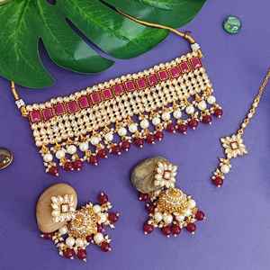 Indian Wholesale Jewelry Crystal Kundan Faux Pearl <b>Bridal</b> Choker Necklace Dangle Jhumki <b>Drop</b> <b>Earrings</b> Jewellery Set, Pink - Product Image 2