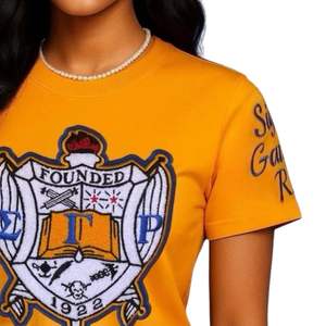 SGRho Shield Chenille Tee Ropa de hermandad griega Logotipo de escudo bordado dorado Camiseta de algodón Premium Ropa de estilo universitario - Product Image 5